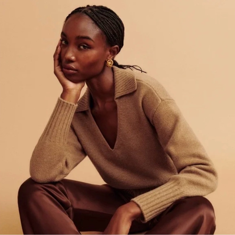 REFORMATION BECKIE 100% CASHMERE COLLARD POLO V NECK SWEATER SIZE M IN CAMEL